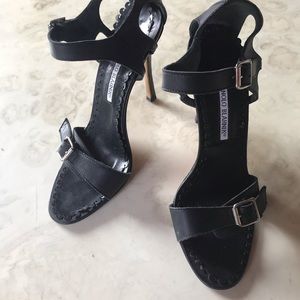 MANOLO BLAHNIK 4” high heels black strapy leather sandals - UGC